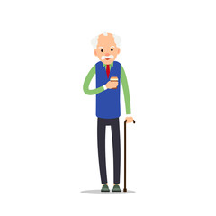 Old man. Elderly man is standing leaning on his wand and holding in his hand drink coffee. Cartoon illustration isolated on white background in flat style. Full length portrait of old human, senior