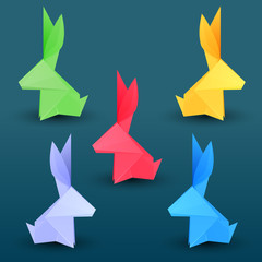 Set of multicolored paper origami hares. Paper Zoo. Objects separate from the background. Vector rabbits for your creativity