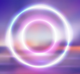 Postcard with a round neon frame and blurred background of sunrise on the sea. Vector background for your creativity