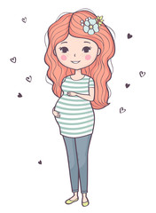 Cute pregnant woman. Vector illustration of young smiling woman waiting for baby. Happy mom expecting baby. Pregnancy.