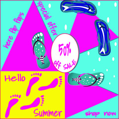 Summer sale background. Vector illustration, text here flip flops, Hello summer, Sale. Layout for banners, presentation, card, sticker, flyer.