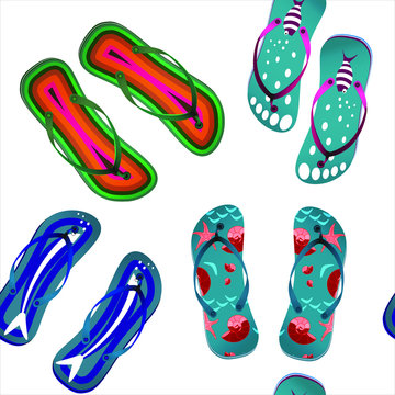 Seamless pattern with picture of beach slippers in different colors. A cheerful summer drawing for the design of textiles, dishes, postcard and posters about summer, beach and travel. Vector drawing.