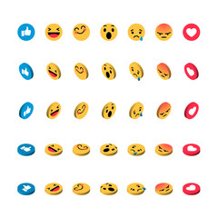 Yellow round smiley of different emotions, like, heart in isometric. set