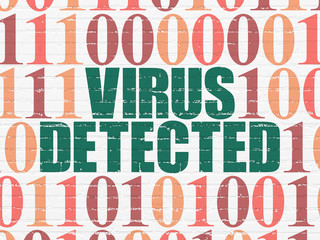 Safety concept: Painted green text Virus Detected on White Brick wall background with Binary Code