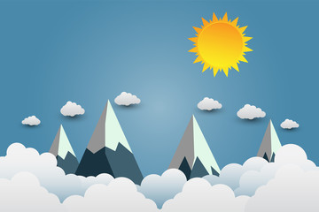 mountains with beautiful sunsets over the clouds.paper art.vector illustration