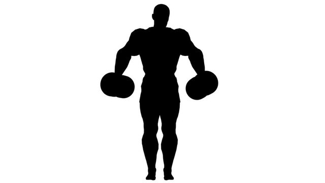 Black silhouette of a man with dumbbells. Alpha channel. Alpha matte. Full HD.