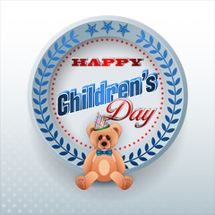 Celebrating of Children's day. 
Design, background with 3d texts, teddy bear wearing bow tie for Children's day, event, celebration; Vector illustration
