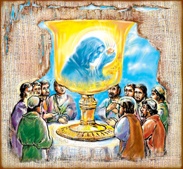 Illustration. Jesus is in the Primal Chalice. The Apostles. Eucharist.
