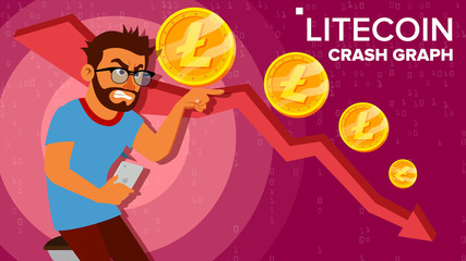 Litecoin Crash Graph Vector. Surprised Investor. Negative Growth Exchange Trading. Collapse Of Crypto Currency. Litecoin Crypto Currency Market Concept. Annoyance, Panic. Flat Cartoon Illustration