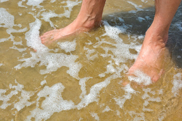 Fototapeta na wymiar Two men's legs are in seawater on the beach in North Goa.India 