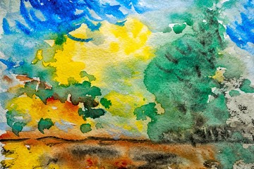 Watercolor landscape original painting colorful of green trees with sun and clouds in daytime in beauty nature summer season. Painted impressionist, illustration image
