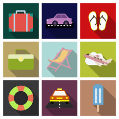 Flat icons set with long shadow effect of traveling on airplane, planning a summer vacation, tourism and journey objects and passenger luggage.