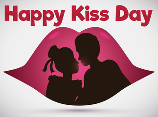 Couple Silhouette inside Lips in Romantic Scene for Kiss Day, Vector Illustration