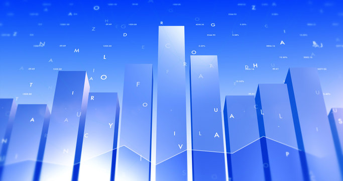 Stock Market Data 3D Background With Letters And Bar Charts. Business and Economy Related Concept.