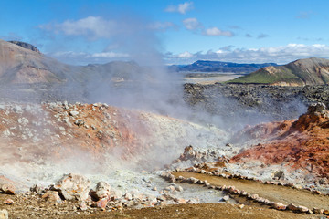 Icelandic mountain landscape. Hot springs and volcanic mountains in the Landmannalaugar geotermal area. One of the parts of Laugavegur trail