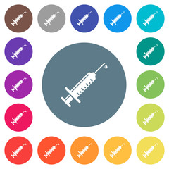 Syringe with drop flat white icons on round color backgrounds