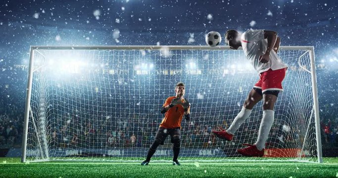 Soccer player scores a header goal and celebrates his success on a professional soccer stadium while it's snowing. Stadium and crowd are made in 3D and animated.