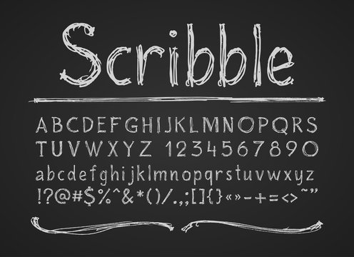 Hand drawn chalk letters numbers and symbols. Alphabet on a chalkboard