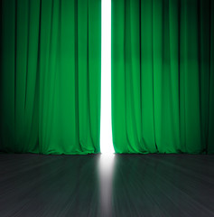 theater green curtain slightly open with bright light behind and wood stage or scene