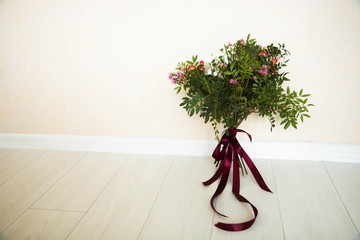 Spring flowers. Pink flowers on a white background. Wedding bouquet. Bouquet of spring flowers. Place for text.