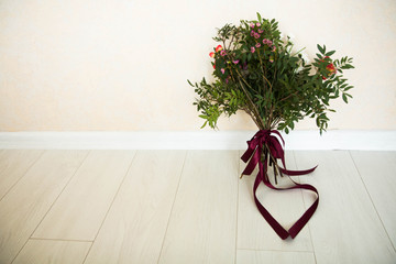 Spring flowers. Pink flowers on a white background. Wedding bouquet. Bouquet of spring flowers. Place for text.