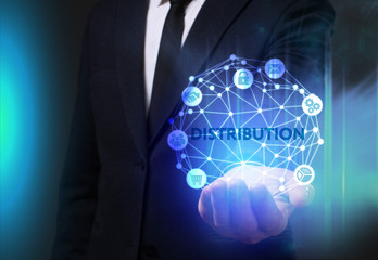 Business, Technology, Internet and network concept. Young businessman working on a virtual screen of the future and sees the inscription: Distribution