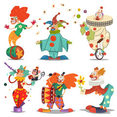 Circus clown character in different actions: juggling, riding unicycle, with flower in hands, with monkey, etc. Vector cartoon icons set isolated on a white background.