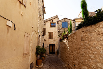 narrow street with small houses at old town, Antibes, France