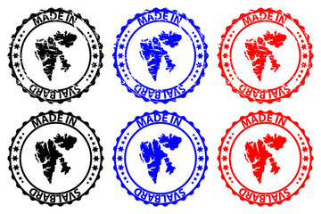 Made in Svalbard - rubber stamp - vector, Svalbard map pattern - black, blue and red
