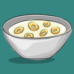 Cereal with milk and blueberries isolated on background. Traditional breakfast. Vector cartoon food icon.