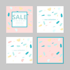 Set of artistic unusual pastel cards with simple hand drawn abstract textures. Creative modern colorful background. Contemporary art. Vector