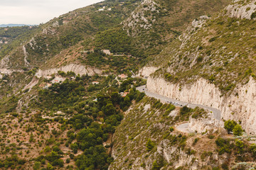 aerial view of curved road in mountains, Eze, France