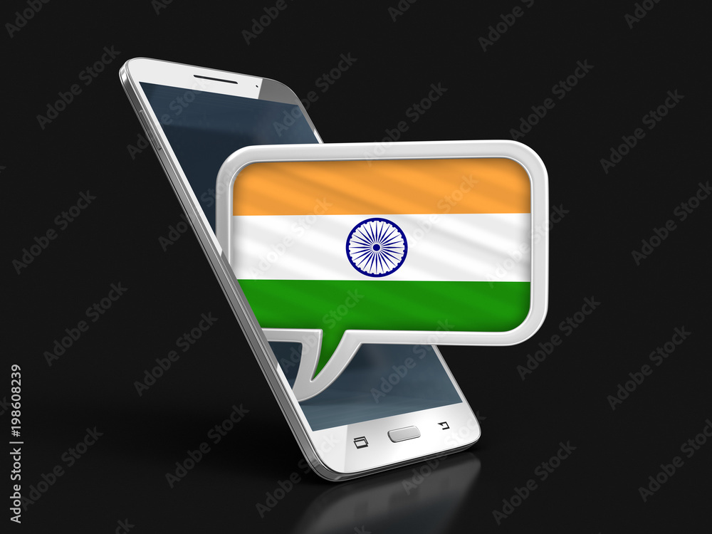 Poster touchscreen smartphone and speech bubble with indian flag. image with clipping path