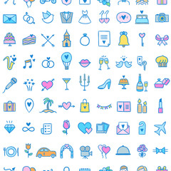 Wedding pattern with cute hand drawn celebration icons. Wedding design background with love illustrations