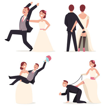 Funny wedding cake toppers. Figures of the bride and groom in cheerful poses. Vector cartoon flat newlyweds couple character isolated on white background.