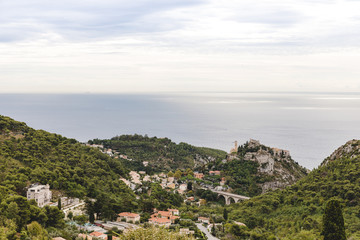 Obraz premium aerial view of beautiful small town on hills above seashore, Fort de la Revere, France