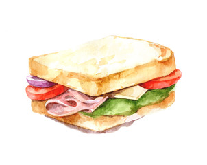 Ham, cheese and vegetable sandwich illustration. Watercolor. Isolate.