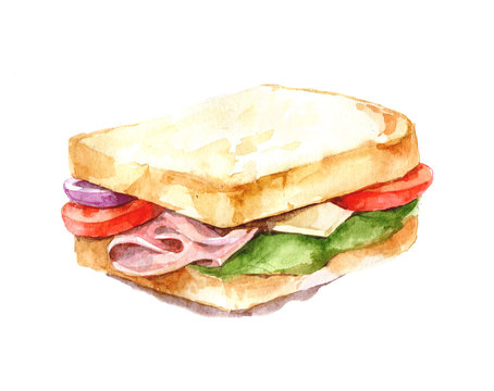 Ham, cheese and vegetable sandwich illustration. Watercolor. Isolate.