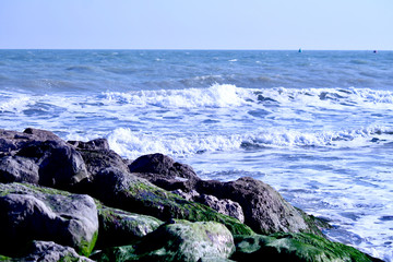 sea waves coming towards rocks with algae