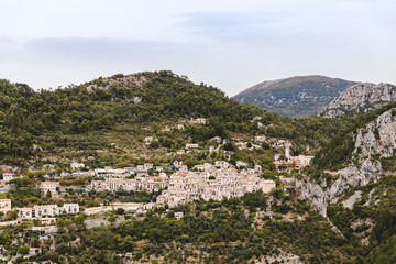 aerial view of beautiful small town in mountains, Peille, France