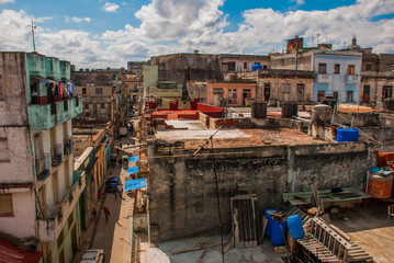 Top view of the street, on ordinary houses with roofs and balconies, where clothes dry. Havana. Cuba