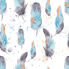 Seamless  feathers pattern, watercolor.