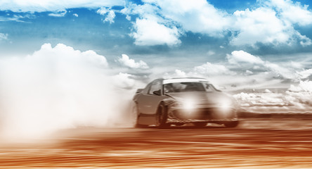 Sport car wheel drifting and smoking on track. Sport concept, Drifting car concept. - obrazy, fototapety, plakaty