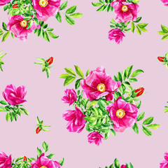 Watercolour repeating pattern of flowers of wild rose.