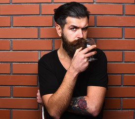 Service and catering concept. Man with beard and mustache