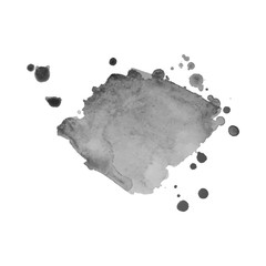 Gray watercolor spot with droplets, smudges, stains, splashes.