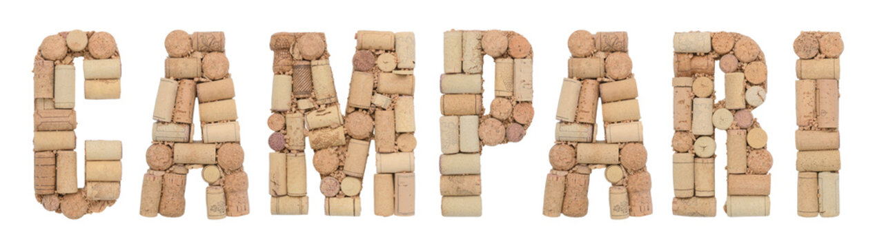 Word Campari made of wine corks Isolated on white background