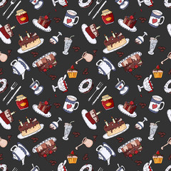 seamless pattern illustration of confectionery sweets, black background