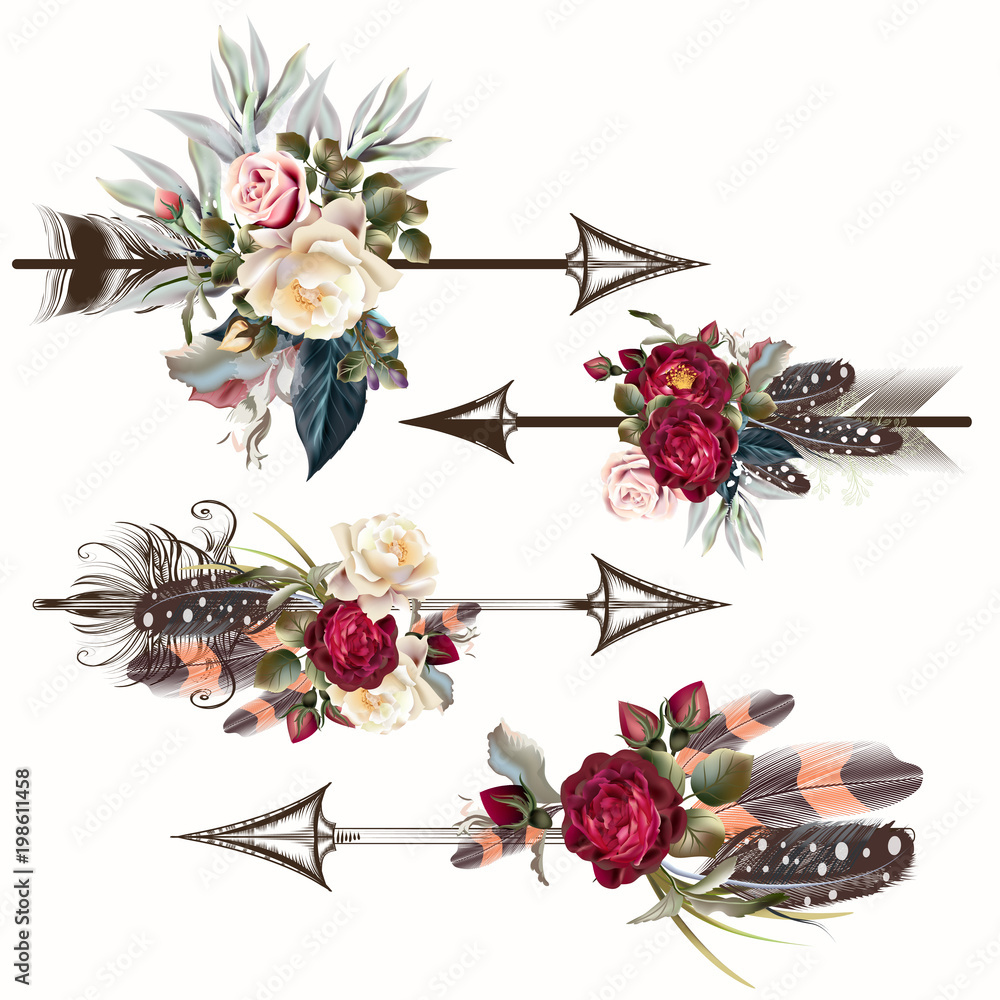 Aufkleber set of vector boho arrows with roses and feathers for design