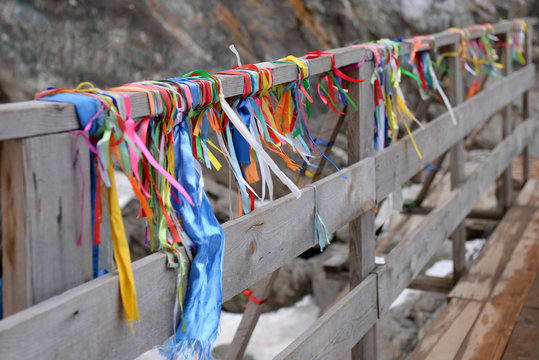 Bridge with multi-colored Buddhist ribbons